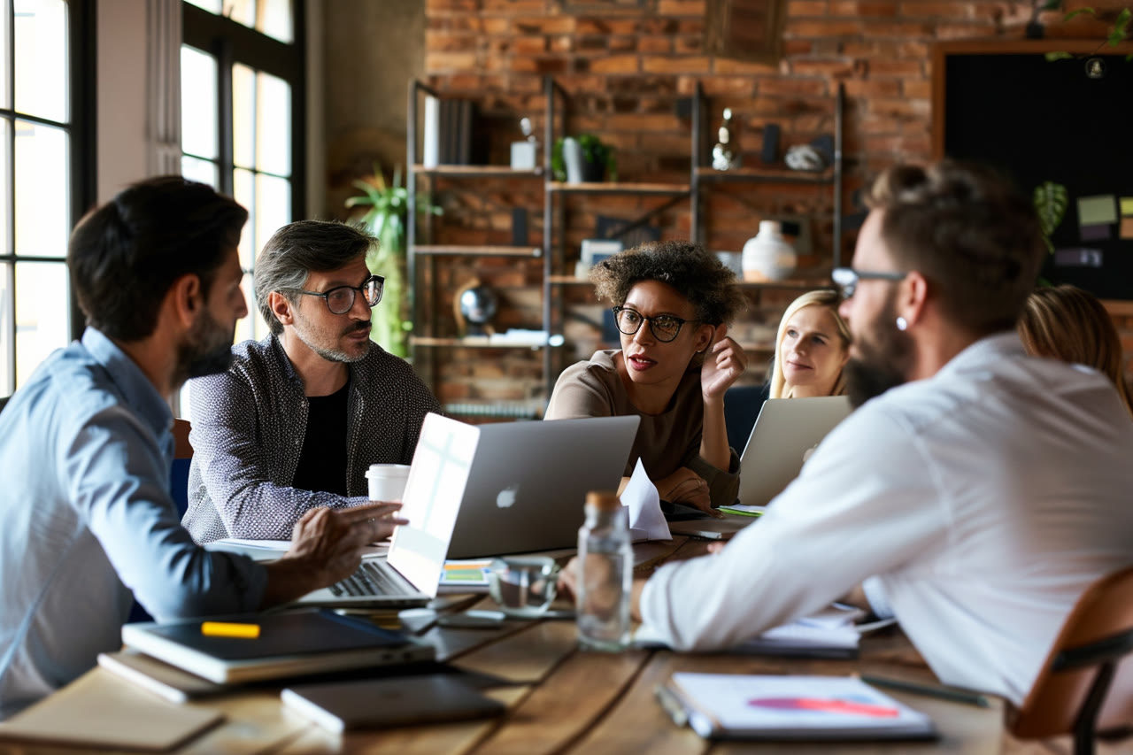 Business team in a modern meeting room discussing cloud transformation strategy, with digital displays and collaborative planning materials visible.