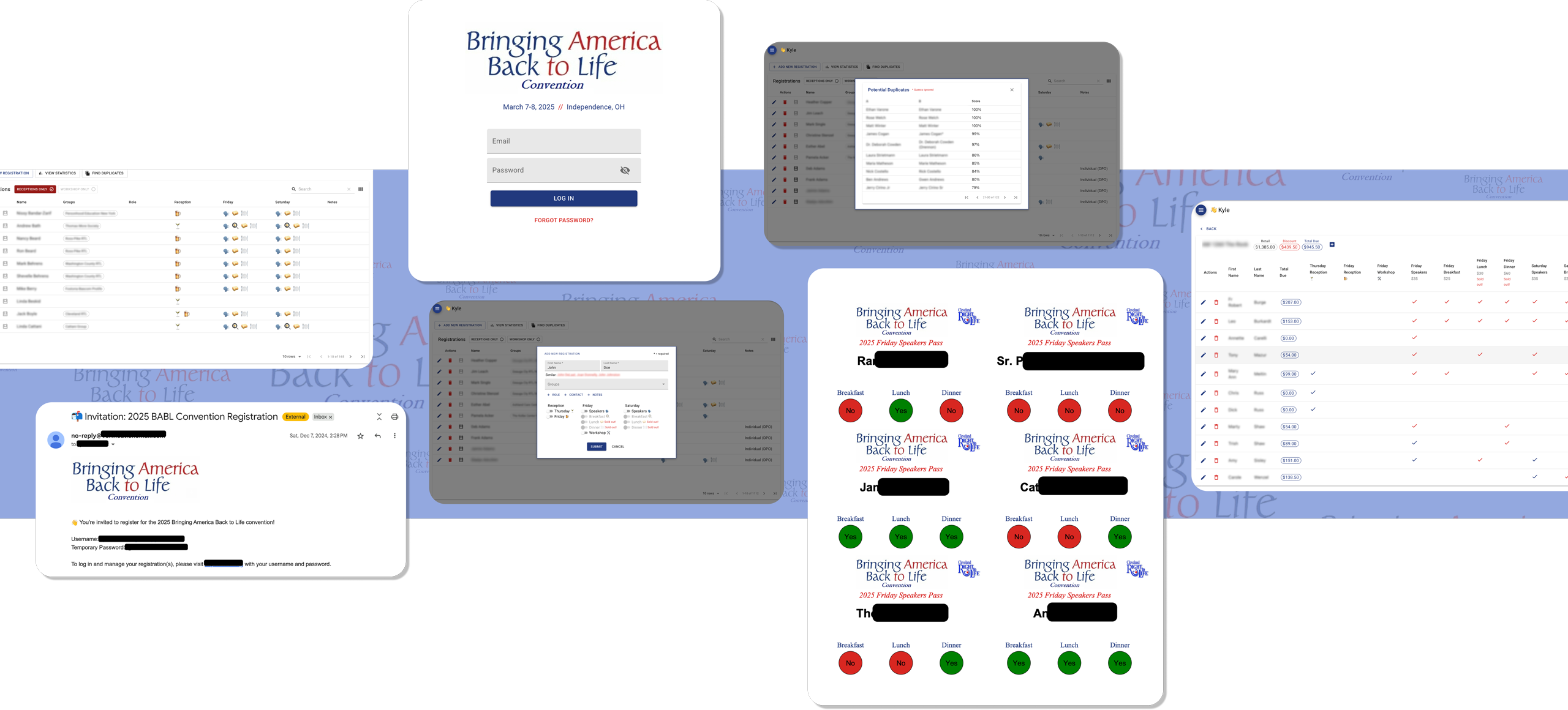 A comprehensive view of the conference registration platform interface showing multiple dashboard sections, attendee management tools, and analytics displays that demonstrate the integrated system's capabilities.