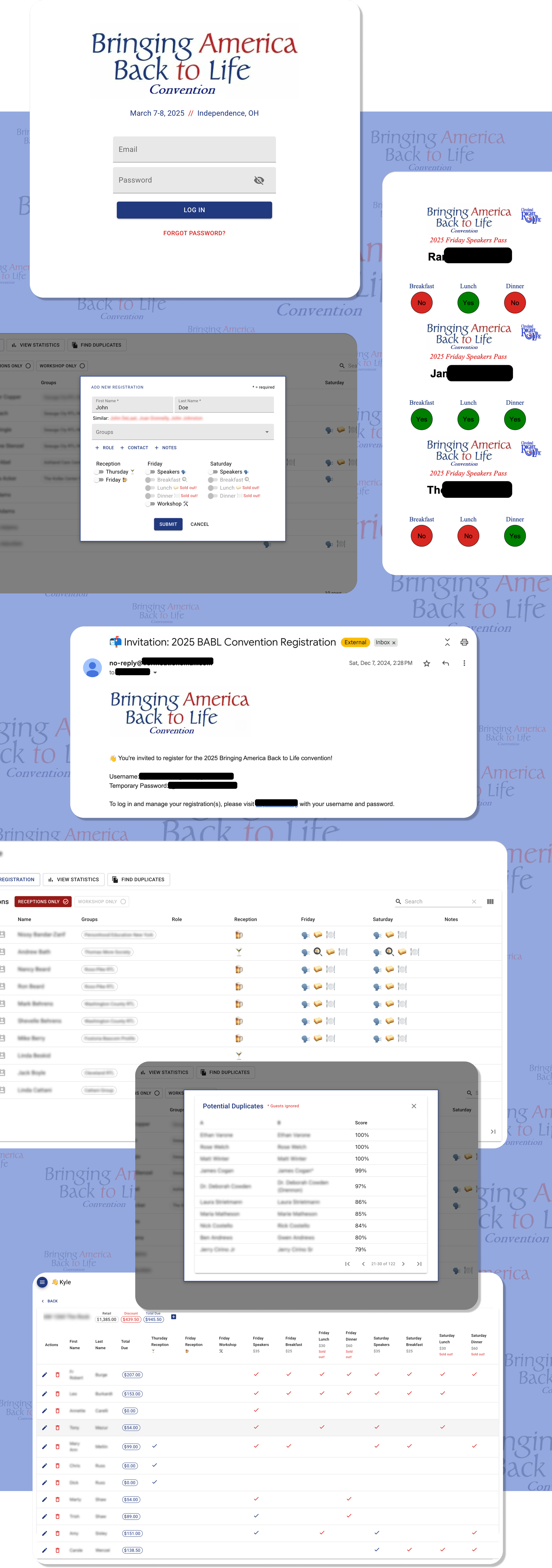 A comprehensive view of the conference registration platform interface showing multiple dashboard sections, attendee management tools, and analytics displays optimized for mobile viewing.