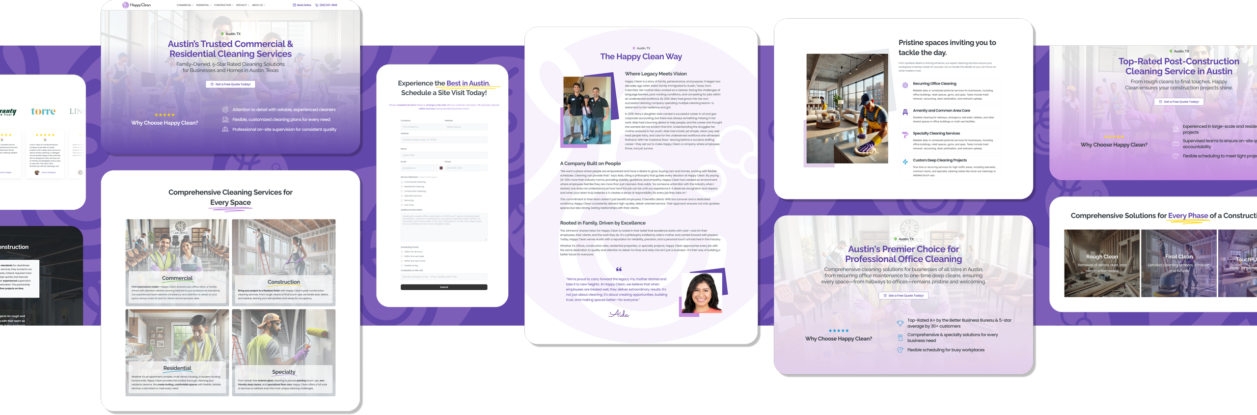 A collage showcasing multiple sections of the HappyClean website design, demonstrating a consistent purple and white brand identity across various components like the hero section, services grid, contact form, and testimonials.