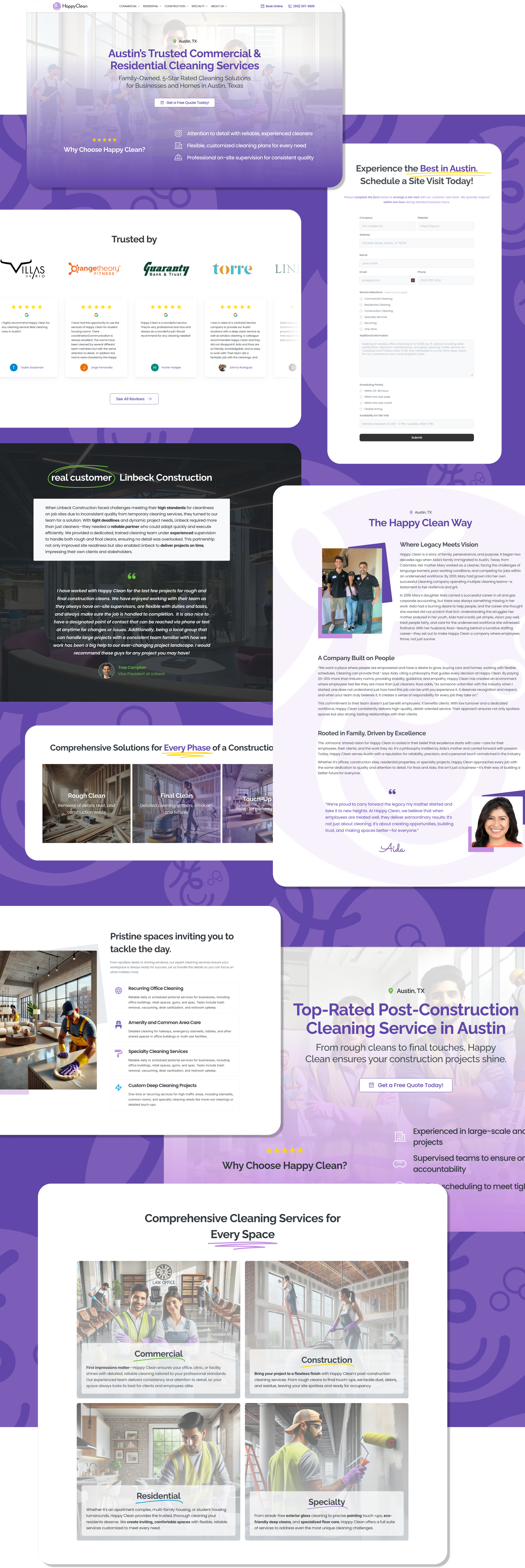 A collage showcasing multiple sections of the HappyClean website design optimized for mobile viewing, demonstrating a consistent purple and white brand identity across various components.