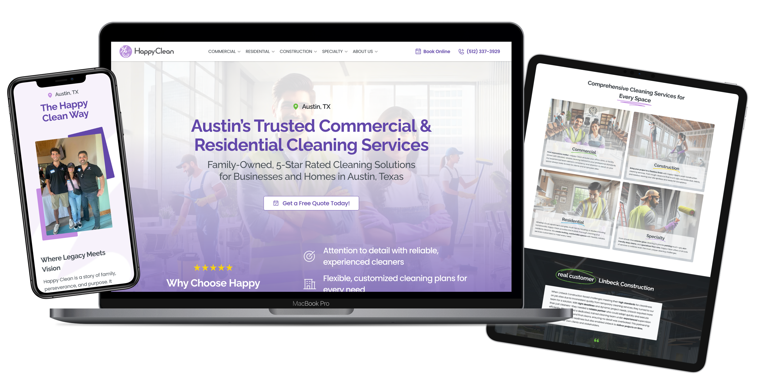Mockup of the Happy Clean website displayed on a smartphone, laptop, and tablet, showcasing its responsive design for their Austin-based cleaning services.