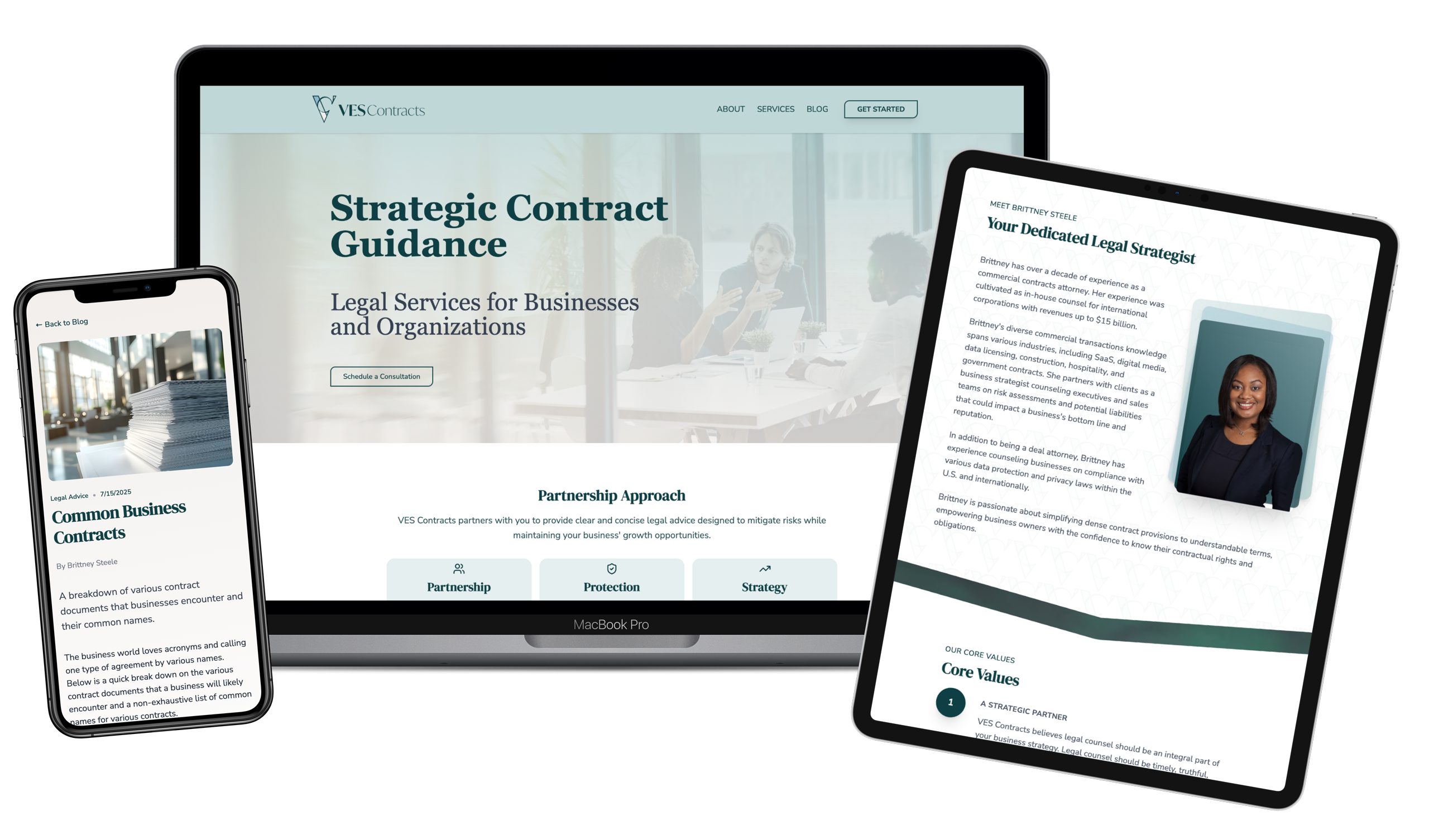 Mockup of the VES Contracts website displayed on a smartphone, laptop, and tablet, showcasing its responsive design for professional legal services.
