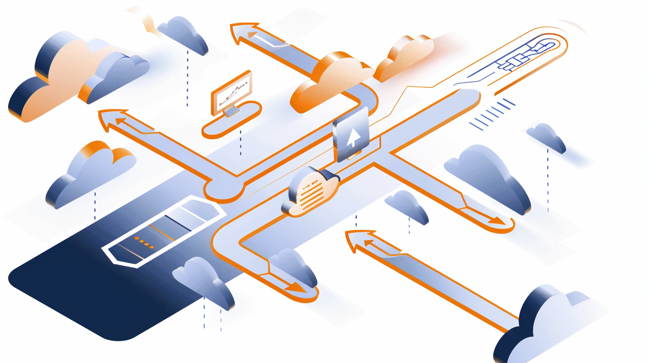Illustration of a modern cloud network architecture, showing interconnected services and data flows, representing best practices in cloud infrastructure.