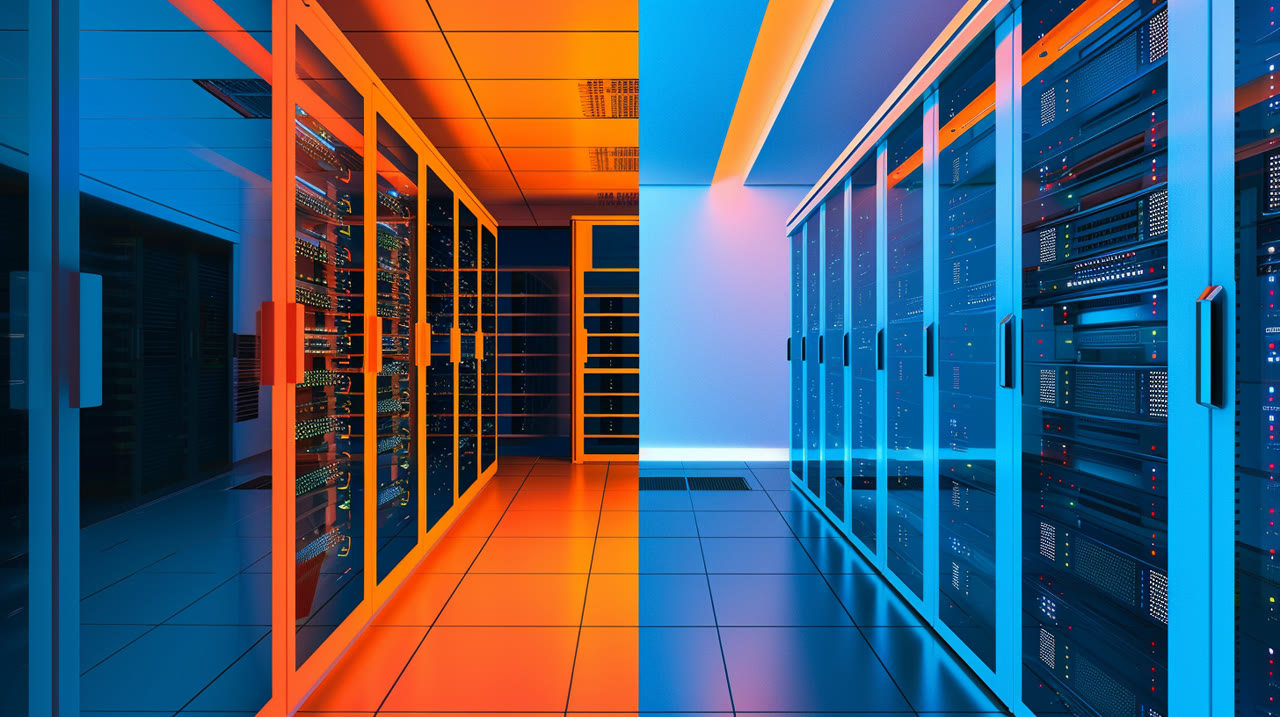Data center with dramatic split lighting in orange and blue tones, representing the contrast between traditional and modern cloud infrastructure approaches.