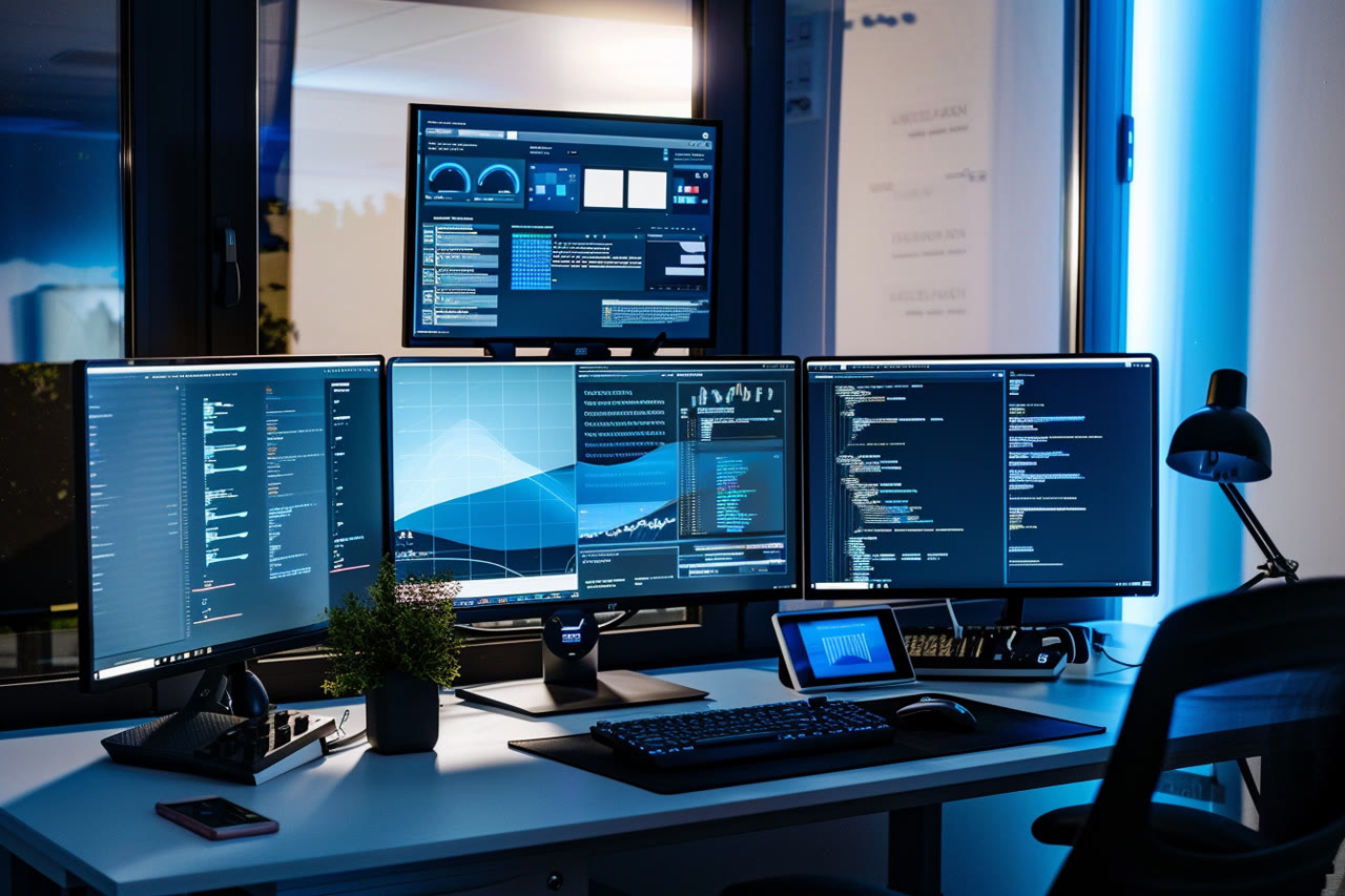 Developer workspace with multiple monitors displaying cloud management dashboards, monitoring tools, and infrastructure analytics in a modern office setting.